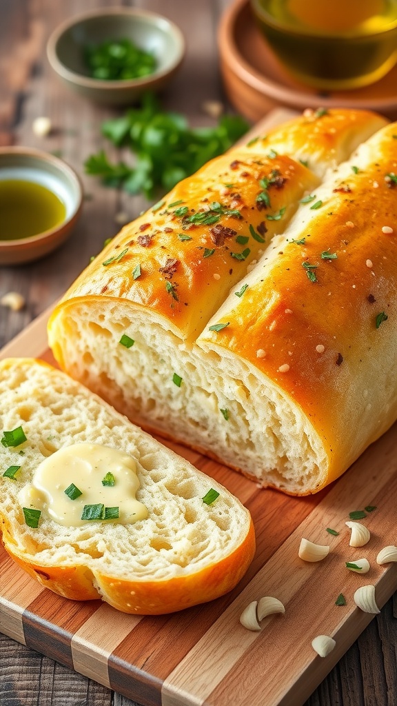 A golden garlic loaf bread with slices cut, showing its fluffy interior, on a rustic cutting board with olive oil.